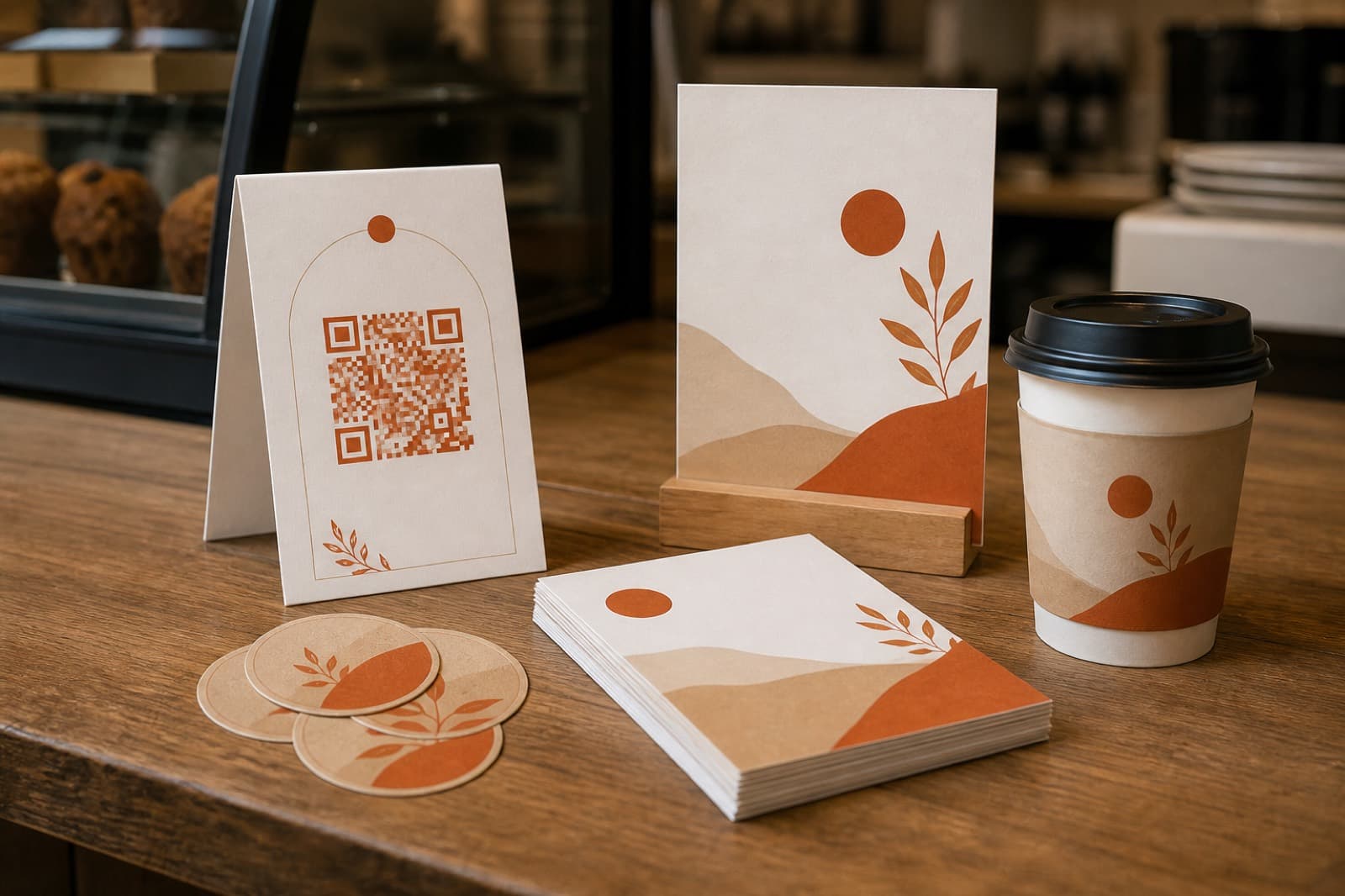 Таблички, наклейки и QR на деревянной стойке кафе